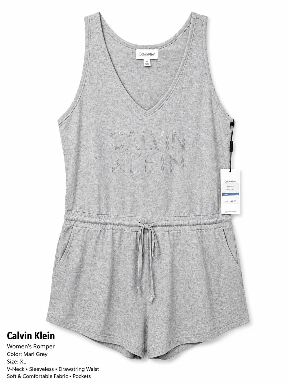 Calvin Klein Marl Grey V-Neck Sleeveless Drawstring Romper